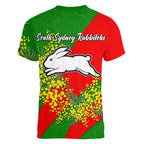 South Sydney Rabbitohs Women V-Neck T-Shirt Golden Wattle Floral Polynesian - Australian Flower - Rugby Mascot