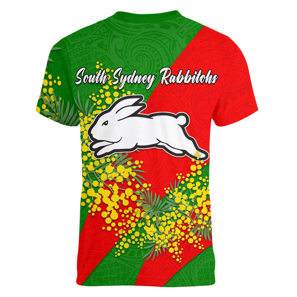 South Sydney Rabbitohs Women V-Neck T-Shirt Golden Wattle Floral Polynesian - Australian Flower - Rugby Mascot