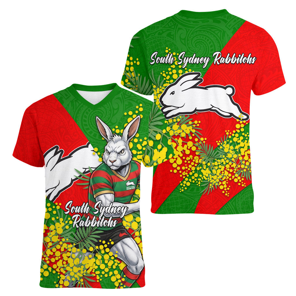 South Sydney Rabbitohs Women V-Neck T-Shirt Golden Wattle Floral Polynesian - Australian Flower - Rugby Mascot