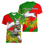 South Sydney Rabbitohs Women V-Neck T-Shirt Golden Wattle Floral Polynesian - Australian Flower - Rugby Mascot