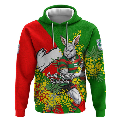 South Sydney Rabbitohs Zip Hoodie Golden Wattle Floral Polynesian - Australian Flower - Rugby Mascot