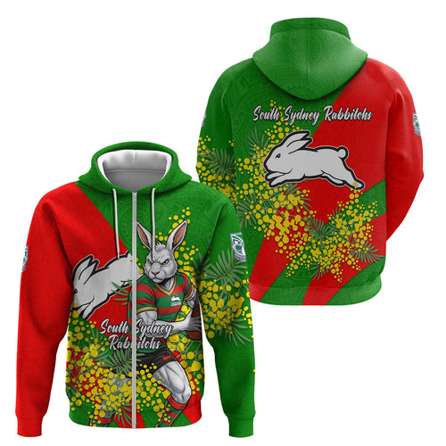 South Sydney Rabbitohs Zip Hoodie Golden Wattle Floral Polynesian - Australian Flower - Rugby Mascot