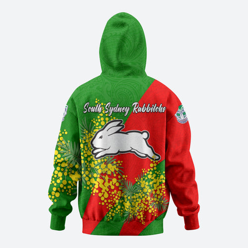 South Sydney Rabbitohs Zip Hoodie Golden Wattle Floral Polynesian - Australian Flower - Rugby Mascot