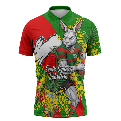 South Sydney Rabbitohs Zipper Polo Shirt Golden Wattle Floral Polynesian - Australian Flower - Rugby Mascot