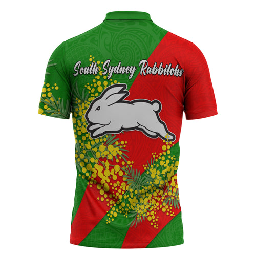 South Sydney Rabbitohs Zipper Polo Shirt Golden Wattle Floral Polynesian - Australian Flower - Rugby Mascot