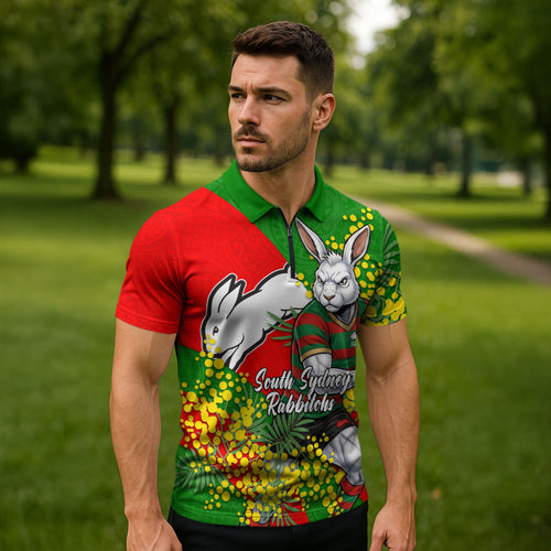 South Sydney Rabbitohs Zipper Polo Shirt Golden Wattle Floral Polynesian - Australian Flower - Rugby Mascot