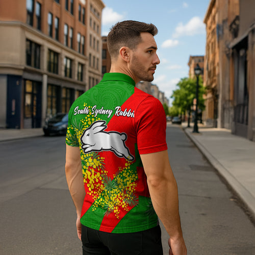 South Sydney Rabbitohs Zipper Polo Shirt Golden Wattle Floral Polynesian - Australian Flower - Rugby Mascot