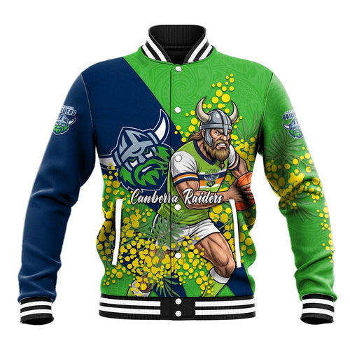 Canberra Raiders Baseball Jacket Golden Wattle Floral Polynesian - Australian Flower - Rugby Mascot