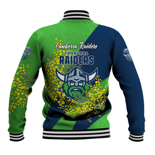 Canberra Raiders Baseball Jacket Golden Wattle Floral Polynesian - Australian Flower - Rugby Mascot