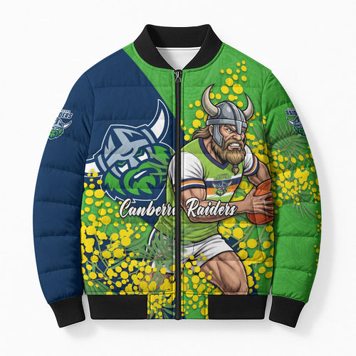 Canberra Raiders Bomber Puffer Jacket Golden Wattle Floral Polynesian - Australian Flower - Rugby Mascot