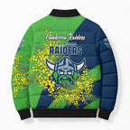 Canberra Raiders Bomber Puffer Jacket Golden Wattle Floral Polynesian - Australian Flower - Rugby Mascot
