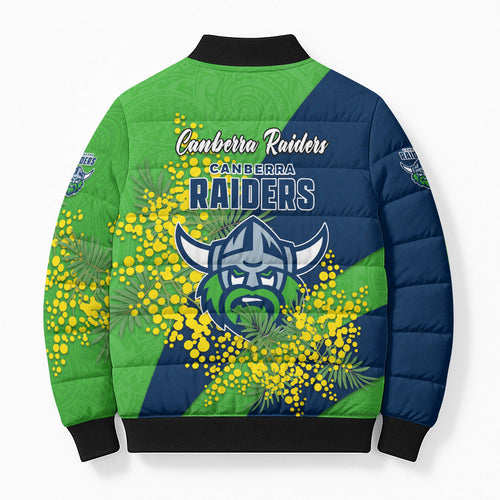 Canberra Raiders Bomber Puffer Jacket Golden Wattle Floral Polynesian - Australian Flower - Rugby Mascot