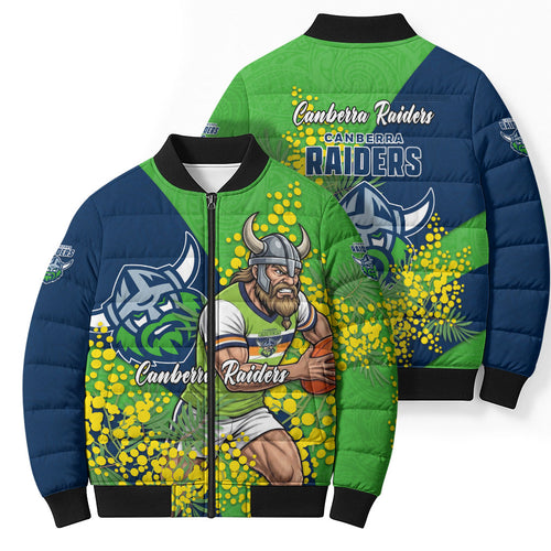 Canberra Raiders Bomber Puffer Jacket Golden Wattle Floral Polynesian - Australian Flower - Rugby Mascot
