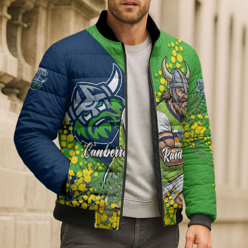 Canberra Raiders Bomber Puffer Jacket Golden Wattle Floral Polynesian - Australian Flower - Rugby Mascot