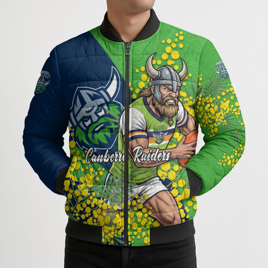 Canberra Raiders Bomber Puffer Jacket Golden Wattle Floral Polynesian - Australian Flower - Rugby Mascot