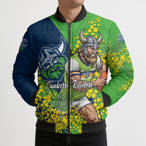 Canberra Raiders Bomber Puffer Jacket Golden Wattle Floral Polynesian - Australian Flower - Rugby Mascot