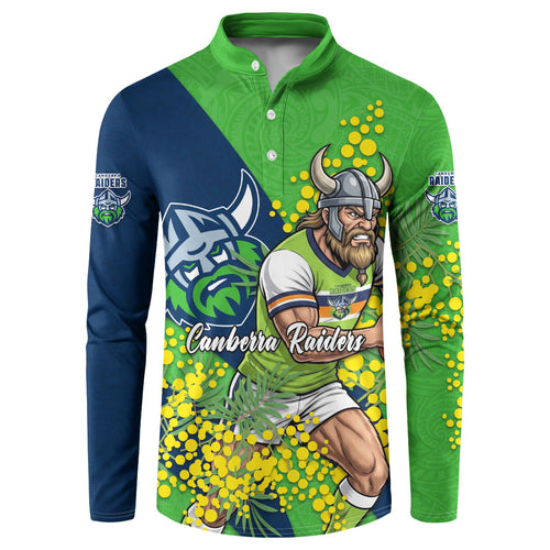 Canberra Raiders Button Sweatshirt Golden Wattle Floral Polynesian - Australian Flower - Rugby Mascot