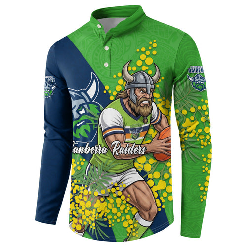 Canberra Raiders Button Sweatshirt Golden Wattle Floral Polynesian - Australian Flower - Rugby Mascot