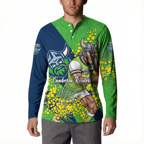 Canberra Raiders Button Sweatshirt Golden Wattle Floral Polynesian - Australian Flower - Rugby Mascot