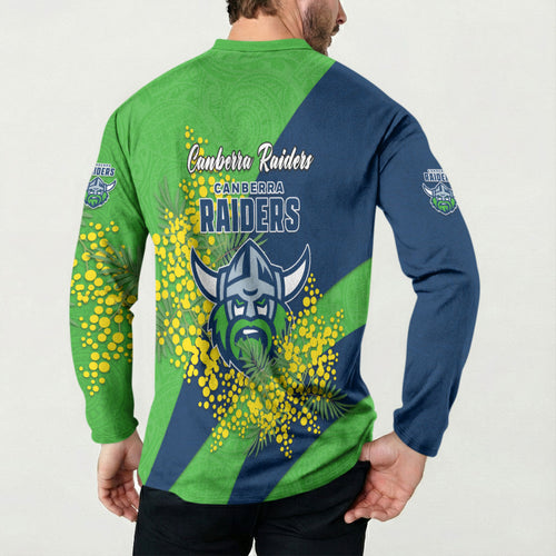 Canberra Raiders Button Sweatshirt Golden Wattle Floral Polynesian - Australian Flower - Rugby Mascot