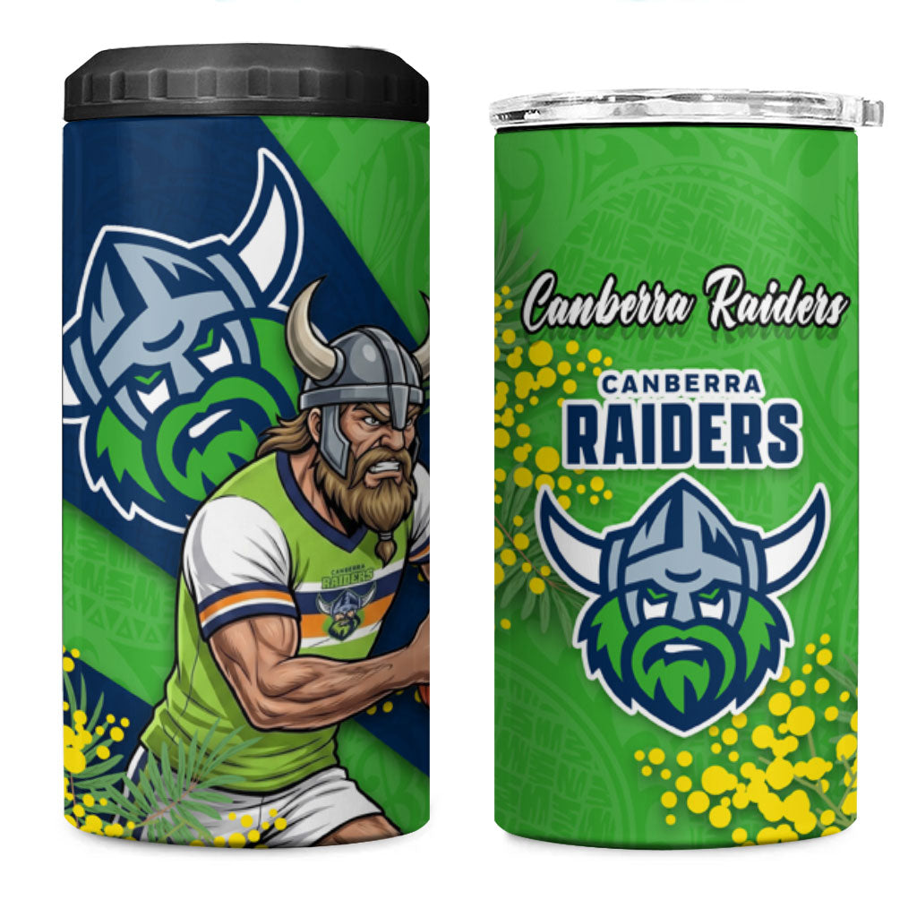 Canberra Raiders 4 in 1 Can Cooler Tumbler Golden Wattle Floral Polynesian - Australian Flower - Rugby Mascot