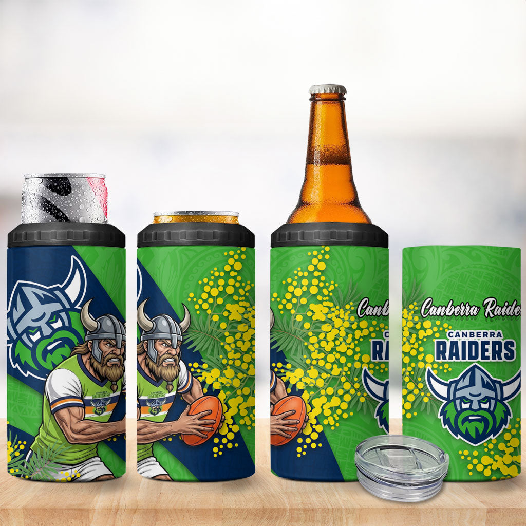 Canberra Raiders 4 in 1 Can Cooler Tumbler Golden Wattle Floral Polynesian - Australian Flower - Rugby Mascot