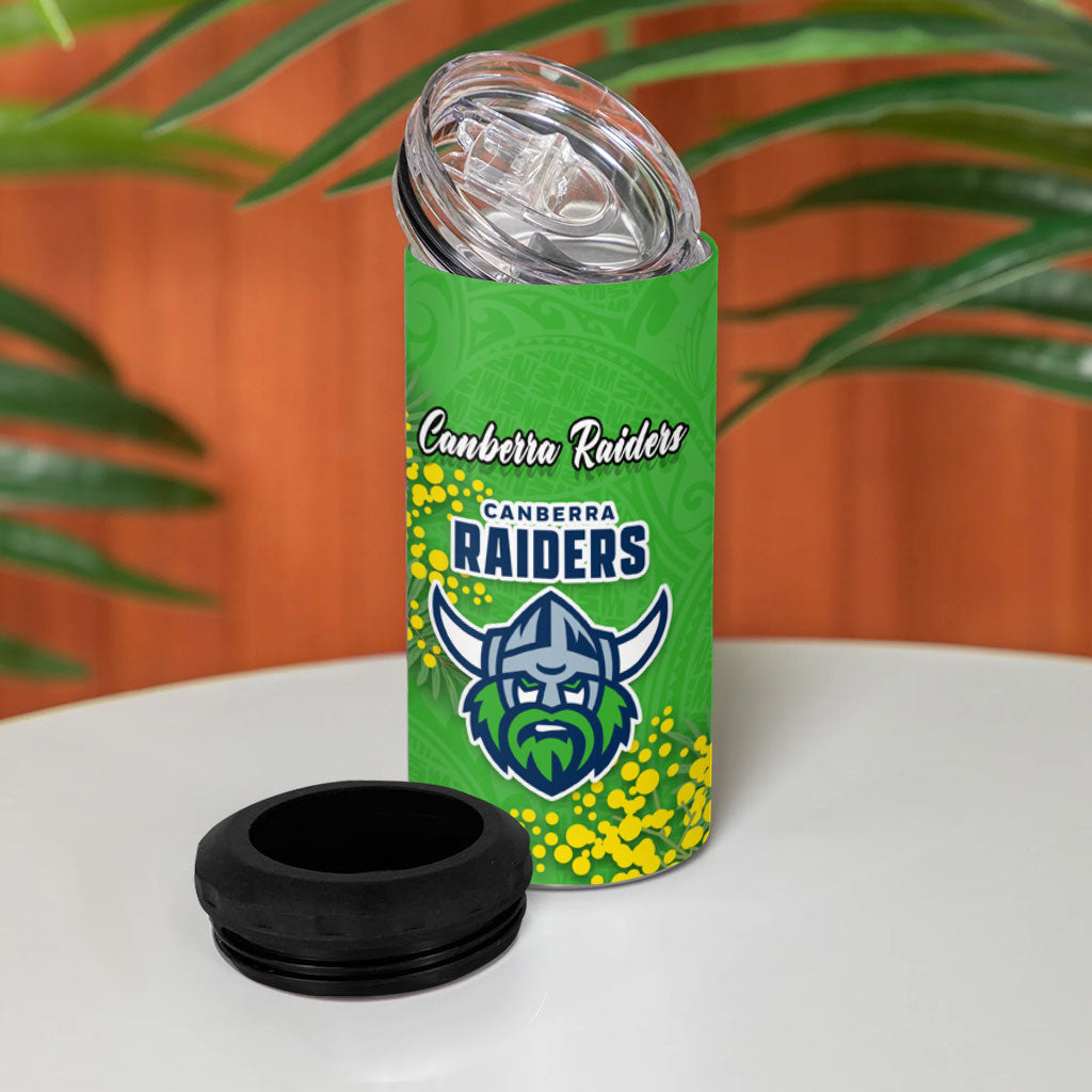 Canberra Raiders 4 in 1 Can Cooler Tumbler Golden Wattle Floral Polynesian - Australian Flower - Rugby Mascot