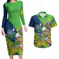 Canberra Raiders Couples Matching Long Sleeve Bodycon Dress and Hawaiian Shirt Golden Wattle Floral Polynesian - Australian Flower - Rugby Mascot