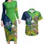 Canberra Raiders Couples Matching Long Sleeve Bodycon Dress and Hawaiian Shirt Golden Wattle Floral Polynesian - Australian Flower - Rugby Mascot