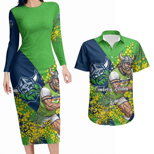 Canberra Raiders Couples Matching Long Sleeve Bodycon Dress and Hawaiian Shirt Golden Wattle Floral Polynesian - Australian Flower - Rugby Mascot
