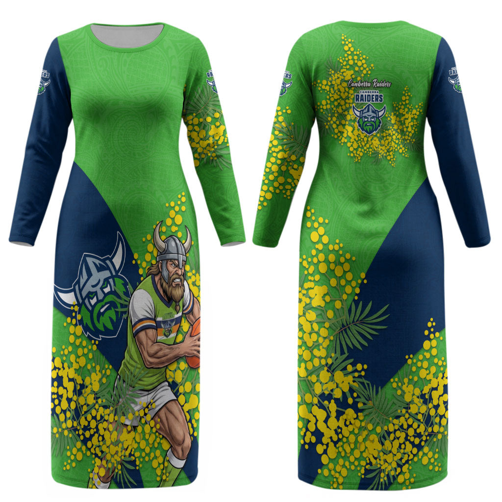Canberra Raiders Couples Matching Long Sleeve Bodycon Dress and Hawaiian Shirt Golden Wattle Floral Polynesian - Australian Flower - Rugby Mascot