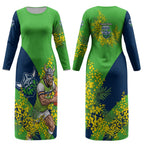 Canberra Raiders Couples Matching Long Sleeve Bodycon Dress and Hawaiian Shirt Golden Wattle Floral Polynesian - Australian Flower - Rugby Mascot