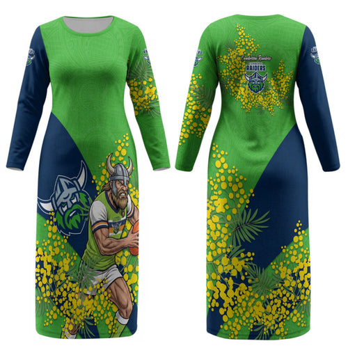 Canberra Raiders Couples Matching Long Sleeve Bodycon Dress and Hawaiian Shirt Golden Wattle Floral Polynesian - Australian Flower - Rugby Mascot