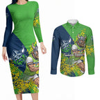 Canberra Raiders Couples Matching Long Sleeve Bodycon Dress and Long Sleeve Button Shirt Golden Wattle Floral Polynesian - Australian Flower - Rugby Mascot