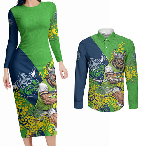 Canberra Raiders Couples Matching Long Sleeve Bodycon Dress and Long Sleeve Button Shirt Golden Wattle Floral Polynesian - Australian Flower - Rugby Mascot