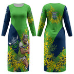 Canberra Raiders Couples Matching Long Sleeve Bodycon Dress and Long Sleeve Button Shirt Golden Wattle Floral Polynesian - Australian Flower - Rugby Mascot