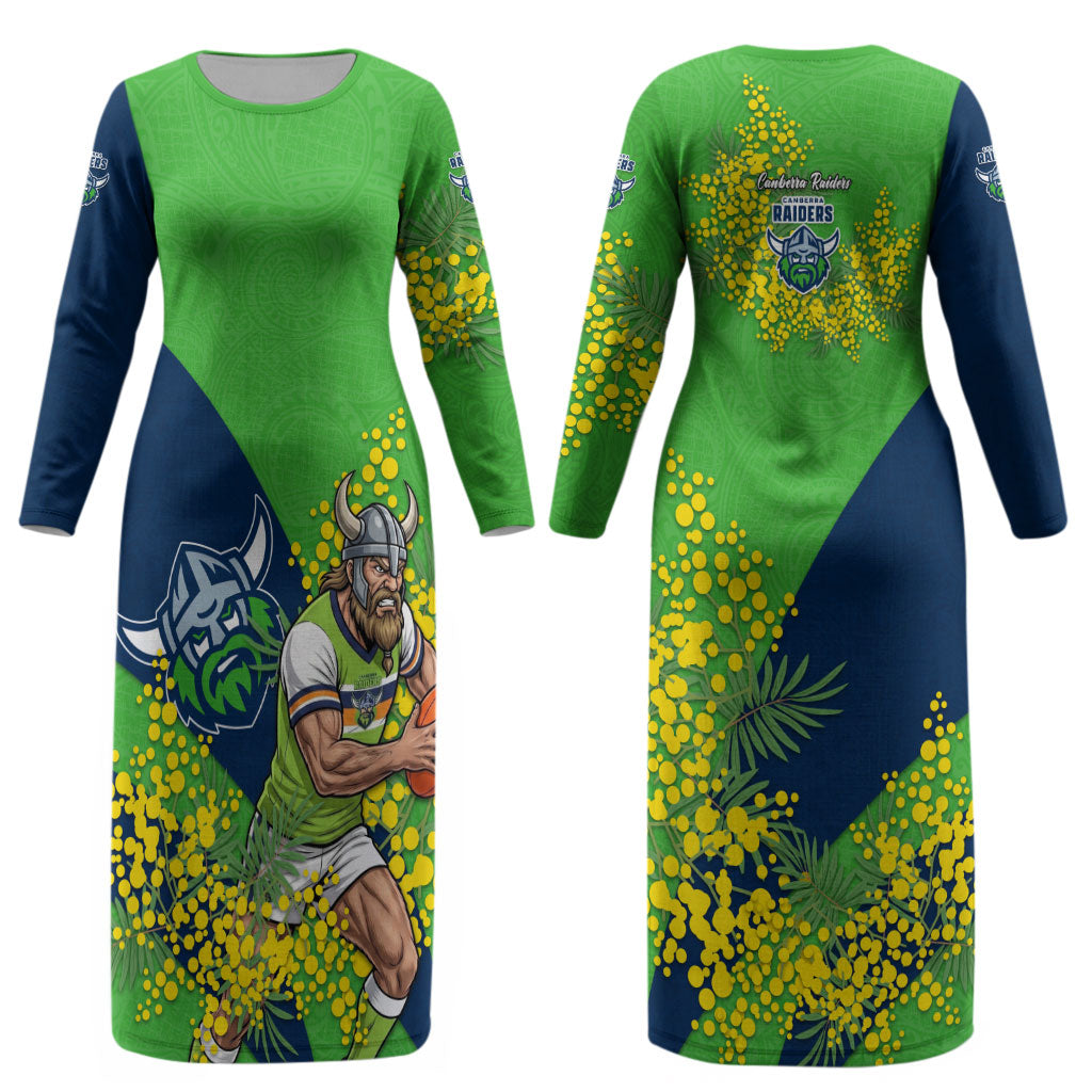 Canberra Raiders Couples Matching Long Sleeve Bodycon Dress and Long Sleeve Button Shirt Golden Wattle Floral Polynesian - Australian Flower - Rugby Mascot