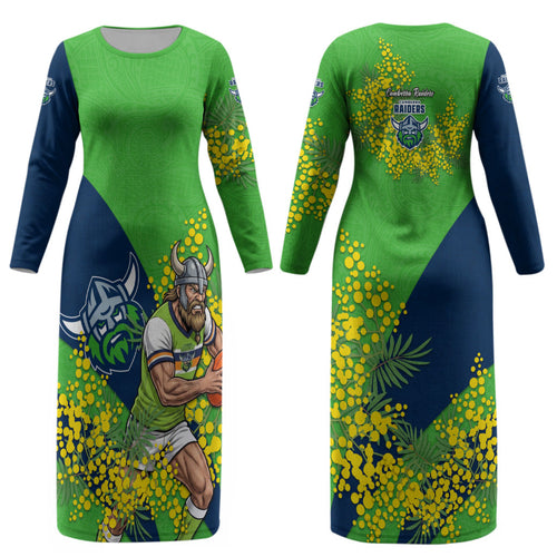 Canberra Raiders Couples Matching Long Sleeve Bodycon Dress and Long Sleeve Button Shirt Golden Wattle Floral Polynesian - Australian Flower - Rugby Mascot