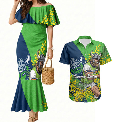 Canberra Raiders Couples Matching Mermaid Dress and Hawaiian Shirt Golden Wattle Floral Polynesian - Australian Flower - Rugby Mascot