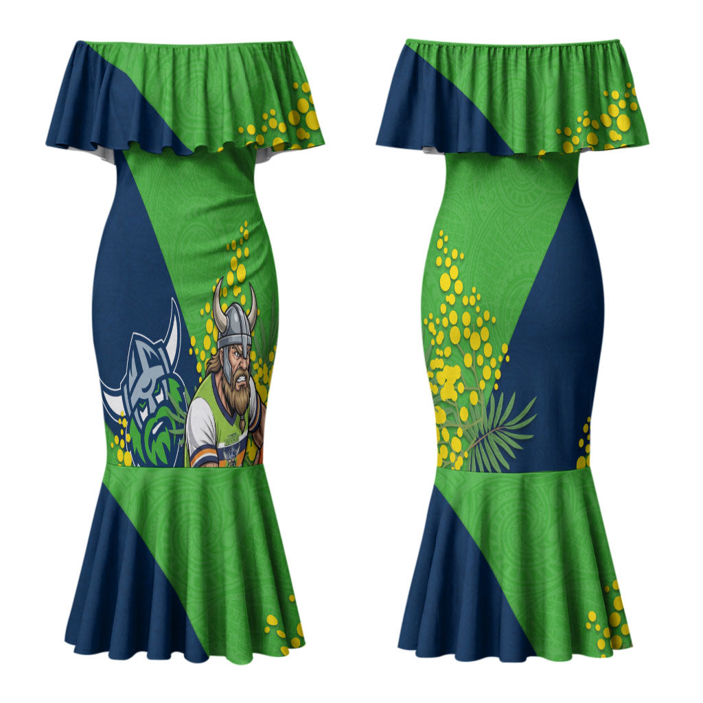 Canberra Raiders Couples Matching Mermaid Dress and Hawaiian Shirt Golden Wattle Floral Polynesian - Australian Flower - Rugby Mascot