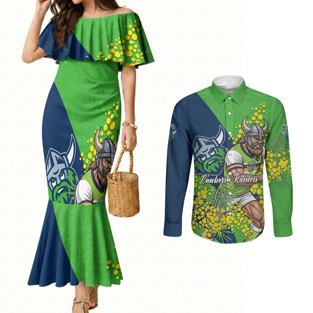 Canberra Raiders Couples Matching Mermaid Dress and Long Sleeve Button Shirt Golden Wattle Floral Polynesian - Australian Flower - Rugby Mascot