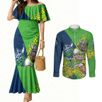 Canberra Raiders Couples Matching Mermaid Dress and Long Sleeve Button Shirt Golden Wattle Floral Polynesian - Australian Flower - Rugby Mascot