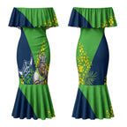 Canberra Raiders Couples Matching Mermaid Dress and Long Sleeve Button Shirt Golden Wattle Floral Polynesian - Australian Flower - Rugby Mascot