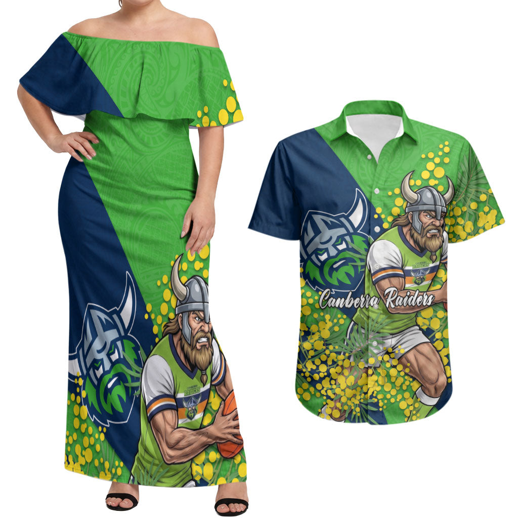 Canberra Raiders Couples Matching Off Shoulder Maxi Dress and Hawaiian Shirt Golden Wattle Floral Polynesian - Australian Flower - Rugby Mascot