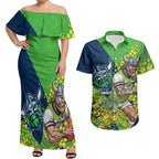 Canberra Raiders Couples Matching Off Shoulder Maxi Dress and Hawaiian Shirt Golden Wattle Floral Polynesian - Australian Flower - Rugby Mascot