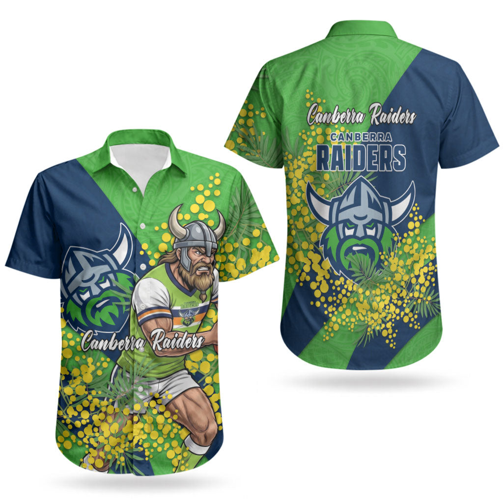 Canberra Raiders Couples Matching Off Shoulder Maxi Dress and Hawaiian Shirt Golden Wattle Floral Polynesian - Australian Flower - Rugby Mascot