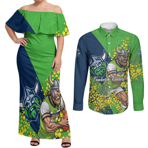 Canberra Raiders Couples Matching Off Shoulder Maxi Dress and Long Sleeve Button Shirt Golden Wattle Floral Polynesian - Australian Flower - Rugby Mascot