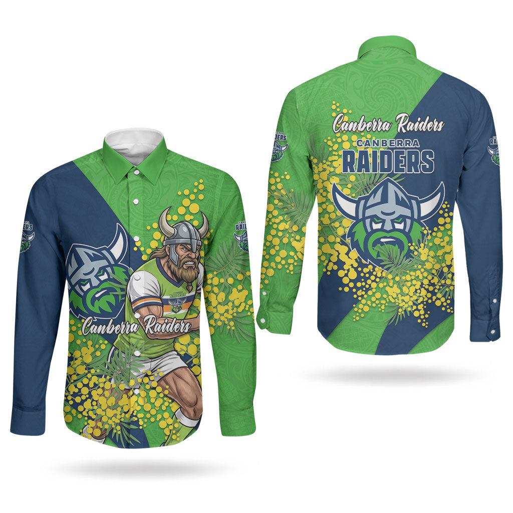 Canberra Raiders Couples Matching Off Shoulder Maxi Dress and Long Sleeve Button Shirt Golden Wattle Floral Polynesian - Australian Flower - Rugby Mascot