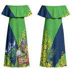 Canberra Raiders Couples Matching Off Shoulder Maxi Dress and Long Sleeve Button Shirt Golden Wattle Floral Polynesian - Australian Flower - Rugby Mascot
