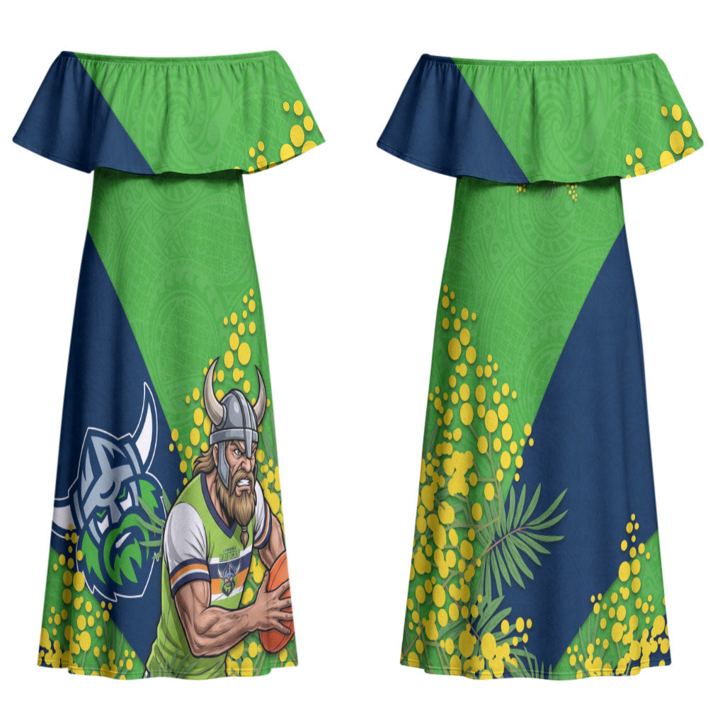 Canberra Raiders Couples Matching Off Shoulder Maxi Dress and Long Sleeve Button Shirt Golden Wattle Floral Polynesian - Australian Flower - Rugby Mascot